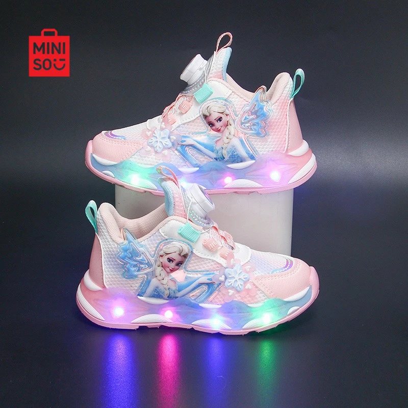 

Miniso 2025 г. Эльза с подсветкой для девочек, кожаные кроссовки на флисовой подкладке для детей, зимние кроссовки