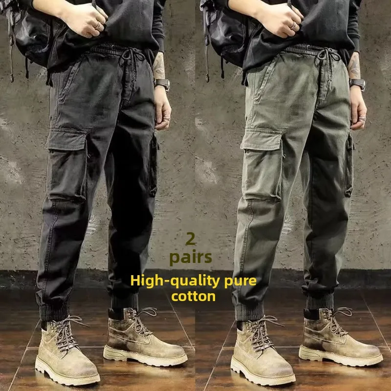 

Loose Casual Workwear Pants for Men Spring Autumn Summer Trendy Brand Korean Style Cuffed Elastic Waist Cotton Blend