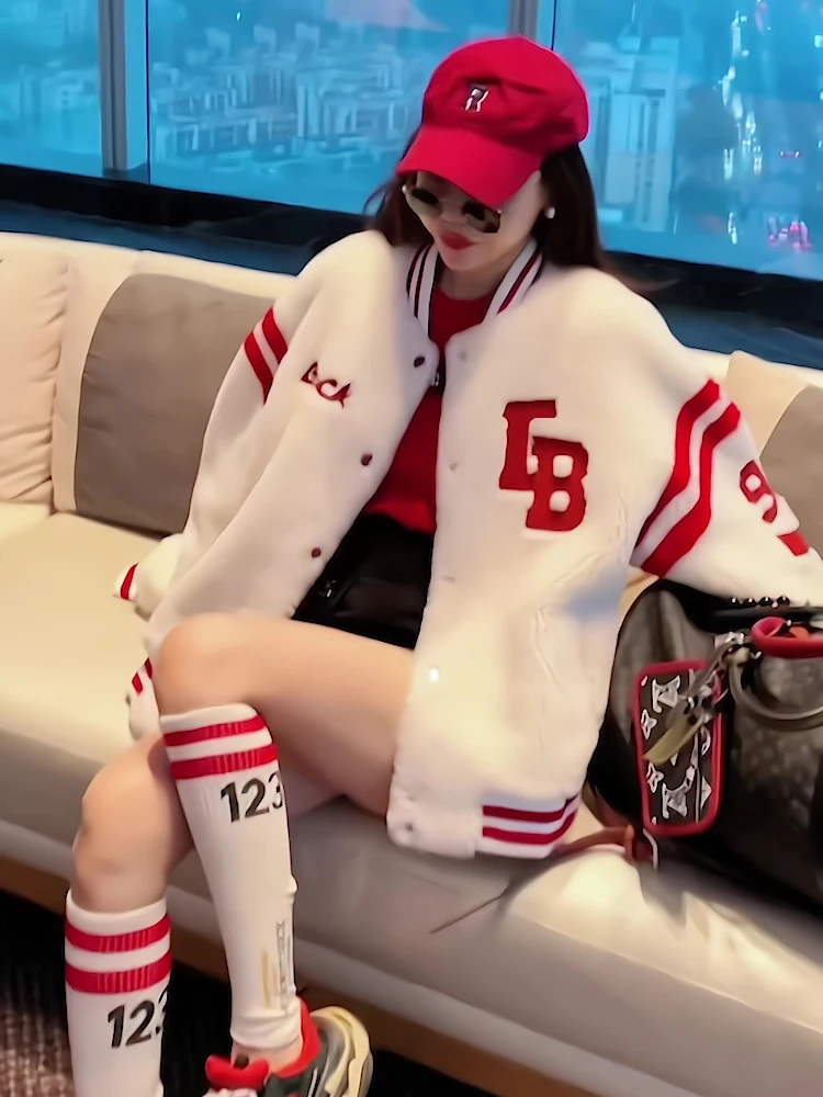Thickened Fleece Baseball Jacket Women's Trendy Letter Loose Korean Version Fluffy Top Street Style Sport Casual Outerwear