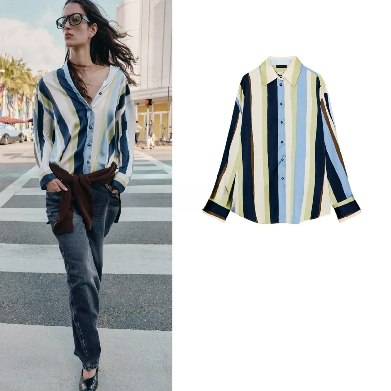 

Новая весенняя женская рубашка для офиса с длинным рукавом, отложным воротником, в полоску, из шелковистого атласа, приталенная, из полиэфирного волокна, дышащая