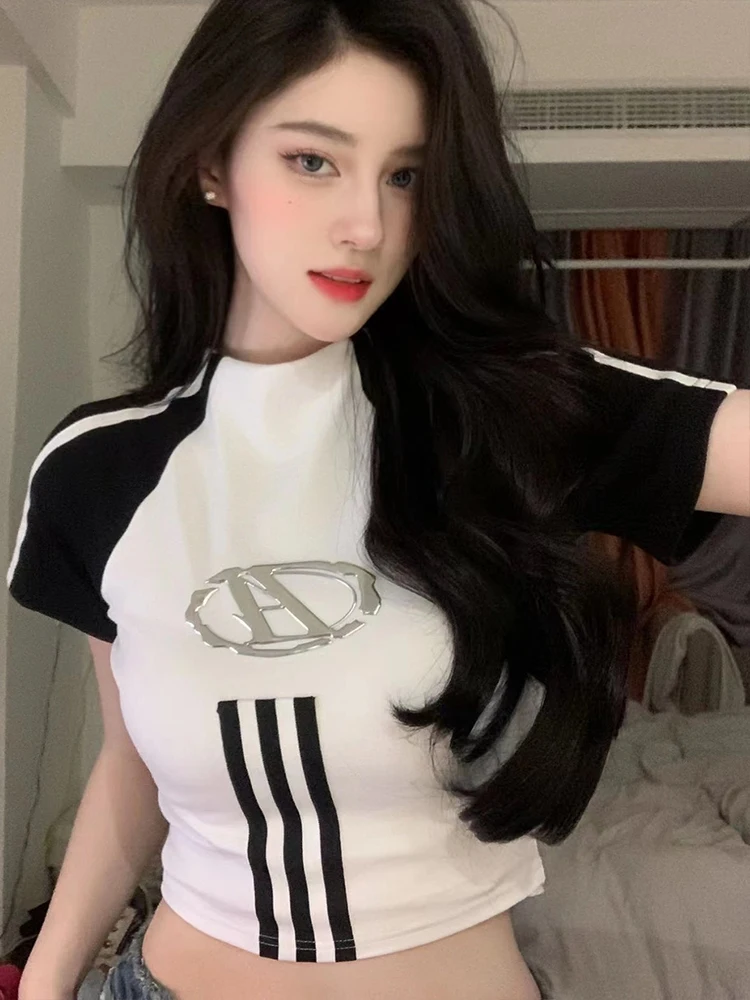 Korean Fashion T-shirt Women Summer Short Sleeve Striped Patchwork Crop Top American Retro Hot Girl Harajuku Y2k Slim Tops Tees