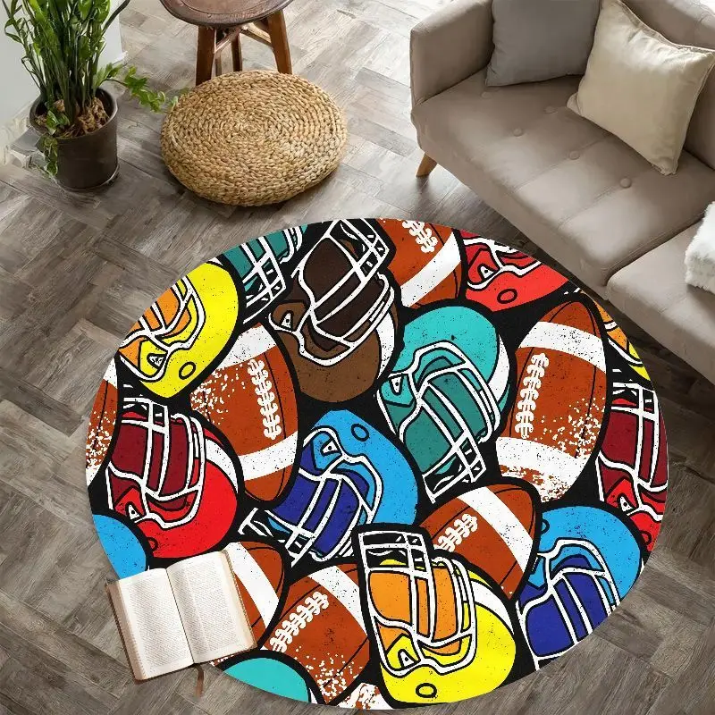American Football Helmet Round Rug Flannel Sports Fan Gear Ball Print Area Mat For Boys Room Game Room DecorEnergeticFloorCarpet