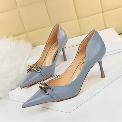 Elegant Women Pumps Metal Button Kitten Heels Shoes Stiletto Banquet Shoes Pointed Shallow Mouth Hollow Single Shoes