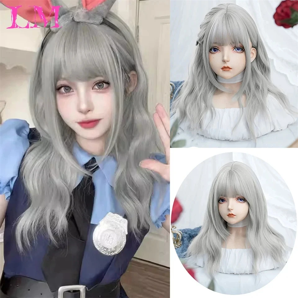 

LM Double ponytail long Curly Wave Hair Yao Lolita Wigs With Bangs Synthetic Wig For Women Full Head Curls Wigs Girl