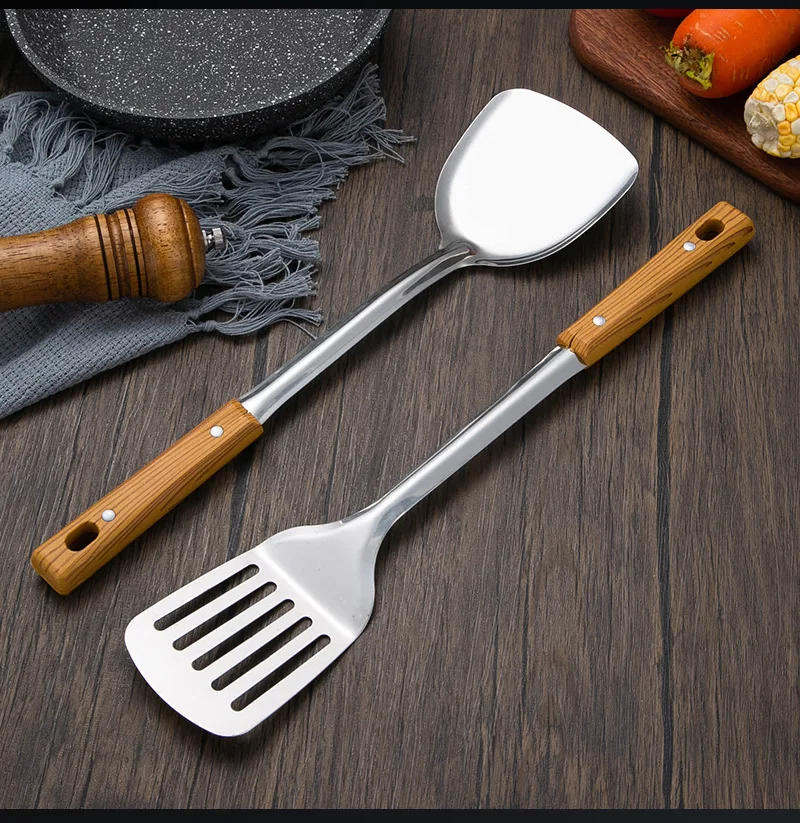 Stainless Steel Anti-heat Handle Spatula Soup Spoon Slotted Spoon Imitation Wood Grain Kitchenware Set Kitchen Household Stir-fr