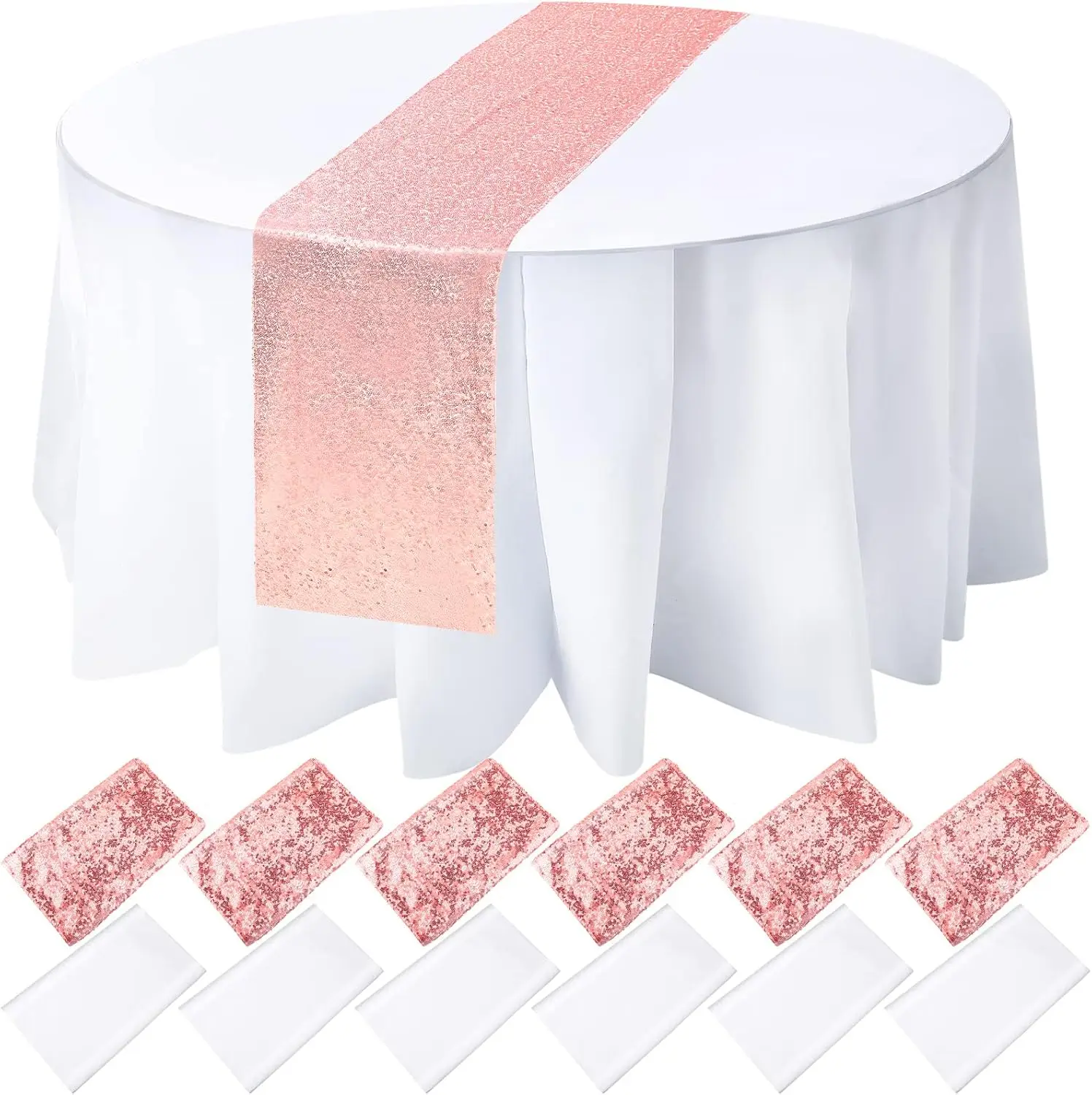 

12 Pack Round Plastic Tablecloth 84 Inch with Glitter Sequin Table Runner 12 x 108 Inch Disposable Waterproof Tablecloth