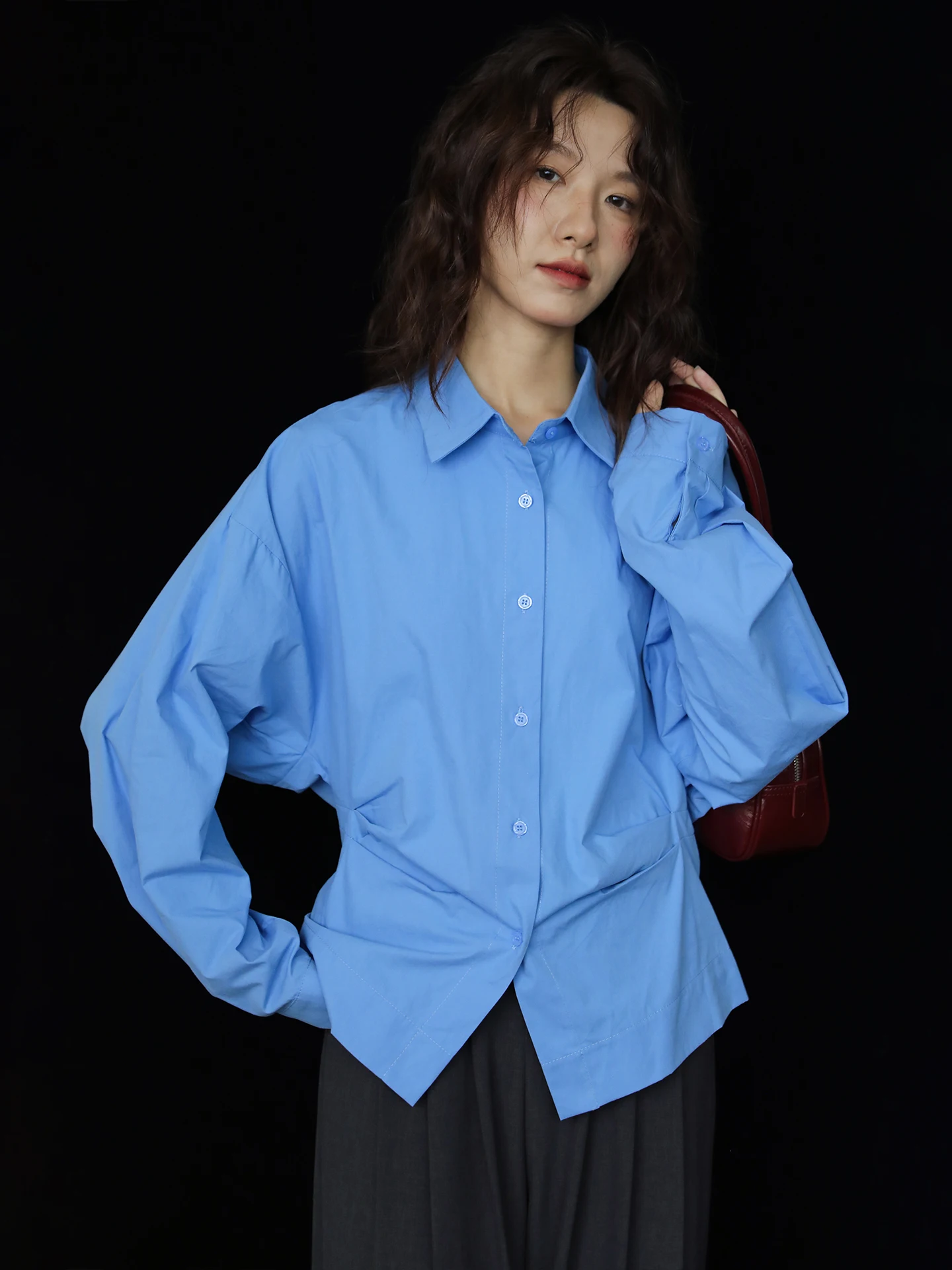 

Ele Light Blue Vintage Waist-Cinching Long Sve Women's irt Faionable Versatile Cotton Blend Ne Top