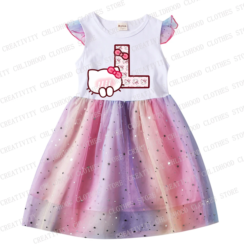 New Girl Dress HelloKittys Letter A-Z Children Dresses Princess Cartoons Print Casual Clothes Girls Gauze Flying Sleeve Kid Baby