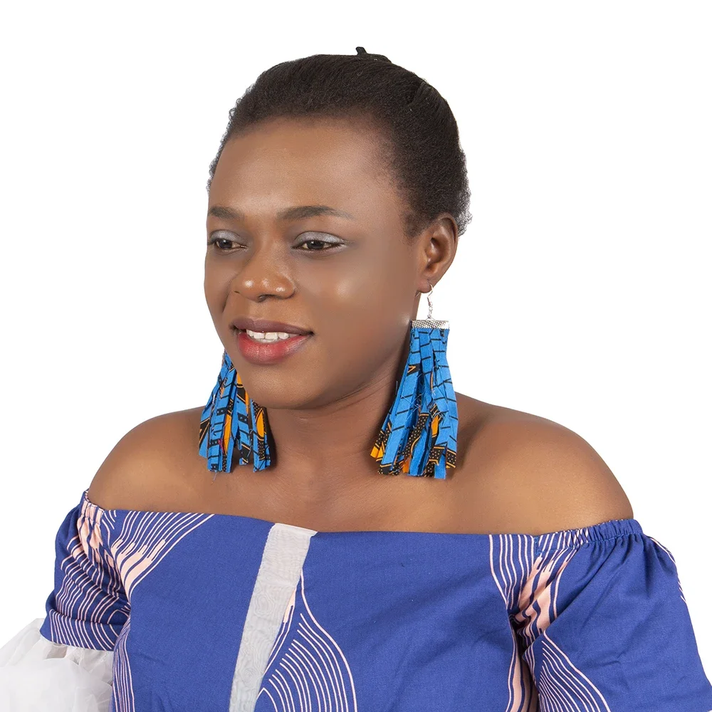 BRW 2022 Fabric African Earrings For Women Handmade Jewelry Ankara Earrings With Tassel Ethnic African Print Drop earring WYB755