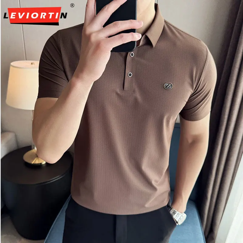 2024 Summer New Product Traceless High Elastic Short sleeved Polo Shirt Ice Silk Thin Embroidered Men's Polo Shirt Short sleeved