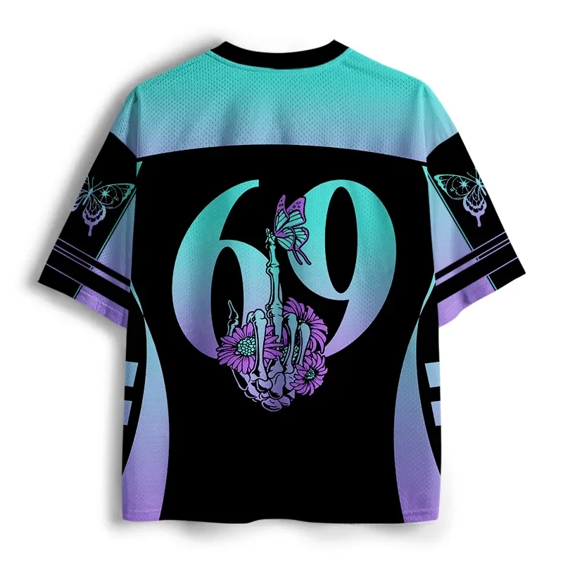 Men Women Skeleton Hand Butterfly Floral V Neck Jersey Short Sleeve Oversized Streetwear Casual Mesh Sport Shirt Gothic Top