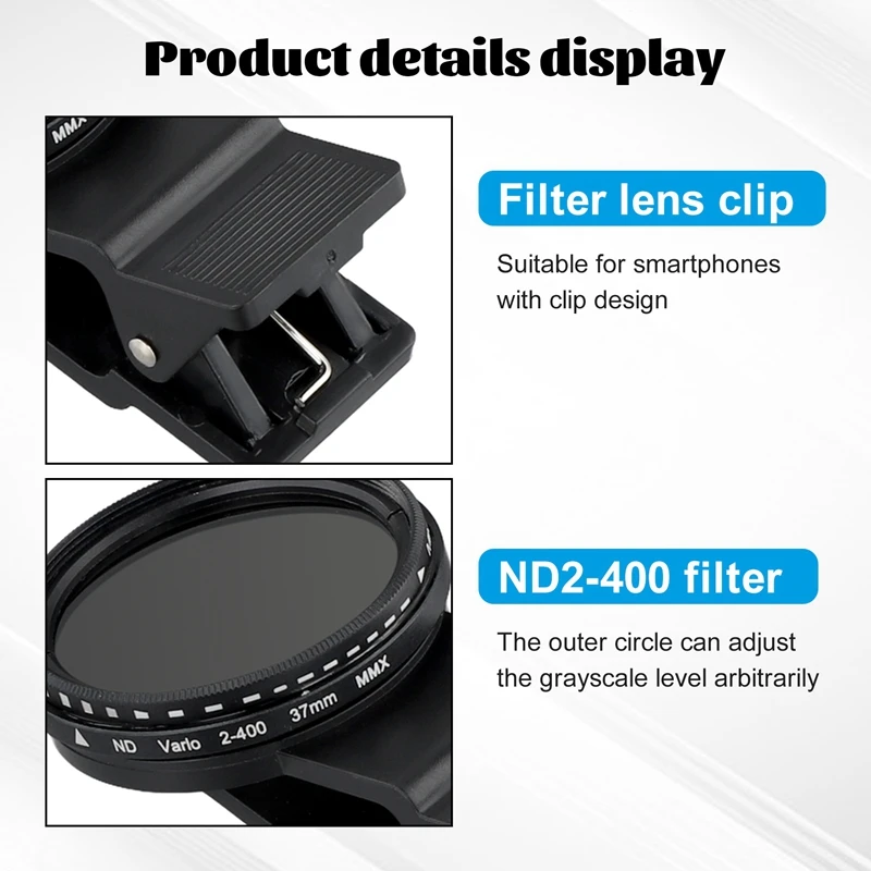 A61Z Deals 37Mm 52Mm Phone Lens Filter With Clip For Smartphone Universal ND2-400 Variable Filter For Mobile Phone Camera Lens