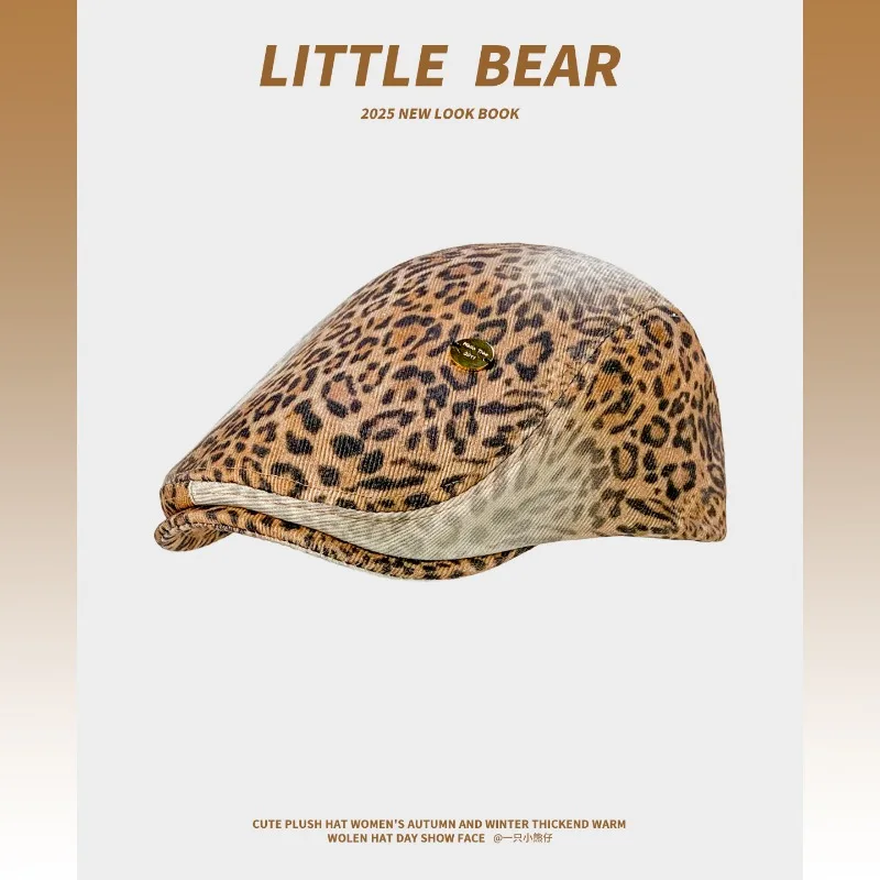 

Niche Personalized Leopard Print Berets Spring and Autumn Y2k Big Version Trend Sunshade Octagonal Newsboy Cap for Men and Women