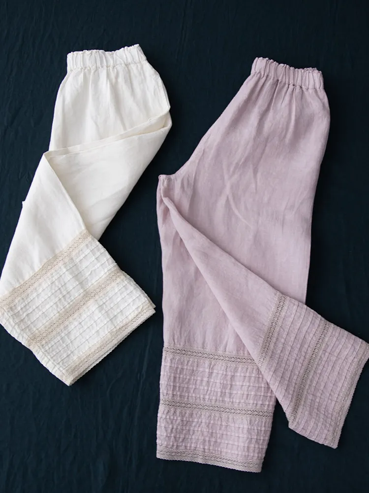 

High Waist Wide Leg Pants Women's Casual Elastic Waist Spring Loose Lace Splicing Straight Leg Pants plus Size Versatile