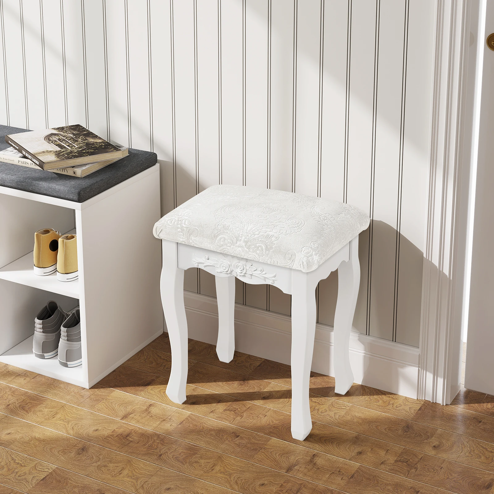 WOLTU 1PC Tabouret de coiffeuse style baroque vintage rembourré, chaise crème blanche pour chambre à coucher et salon