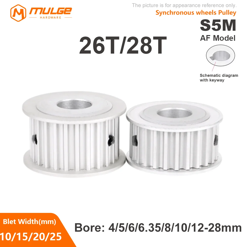 S5M pulley 26T/28Teeth Timing Pulley AF Type  Keyway Bore circular hole 5-28mm For S5M Timing Belt Width 10/15/20/25mm 5GT