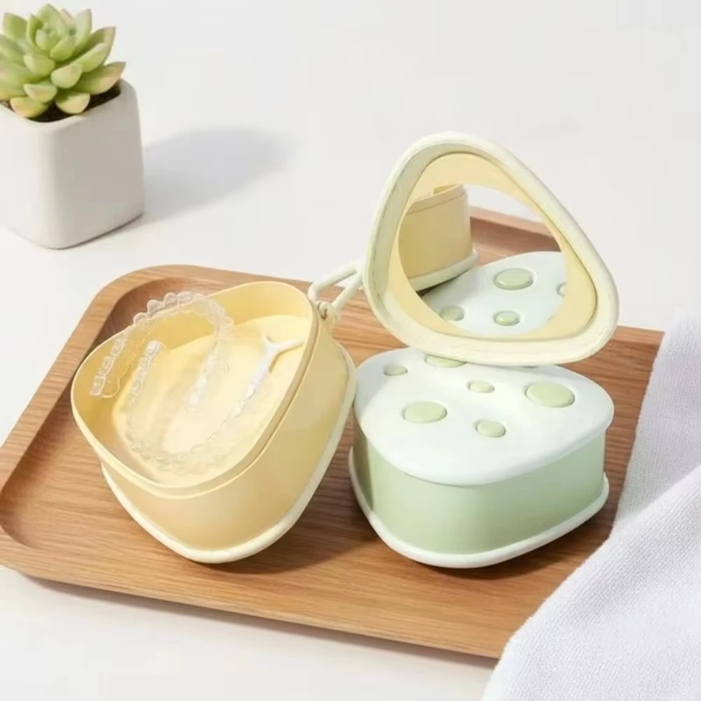 New Portable Denture Case Double Layer Sealed Braces Storage Box with Mirror Dental Retainer Organizer