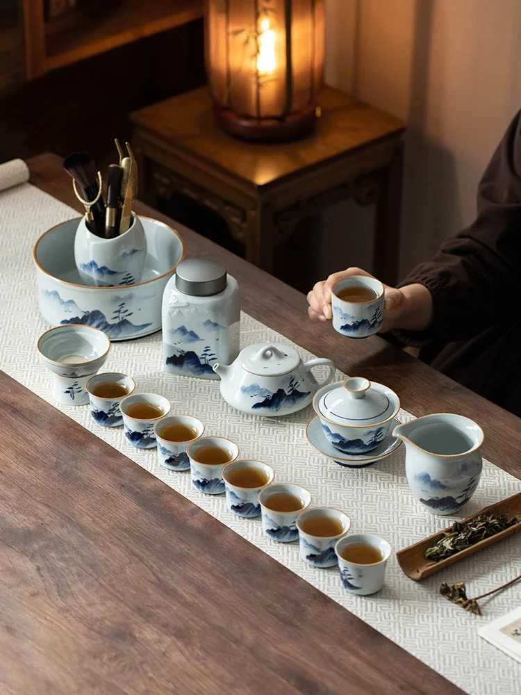 

tea set Blue and white porcelain household teacup cover bowl teapot gift box light luxury ceramic new Jingd