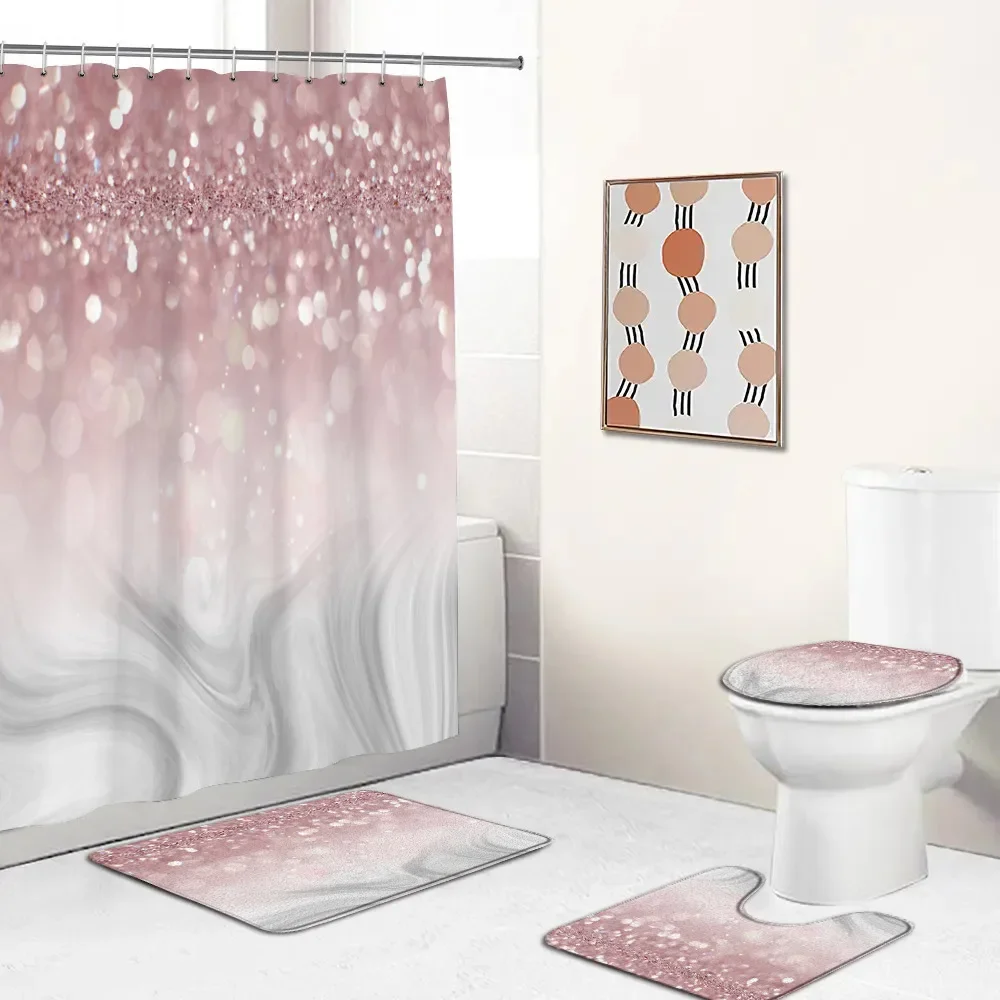 Glitter Diamond Shower Curtain Set Panther Pink Bathroom Decor Sparkling Fashion Modern Bathtub Mat Flannel Toilet Lid Cover