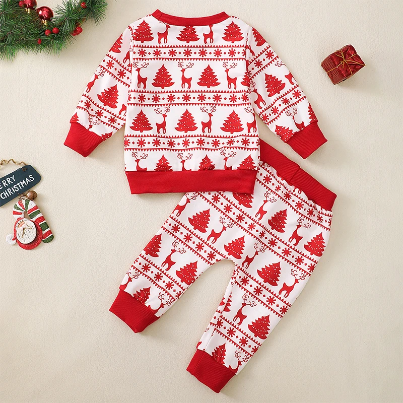 Baby Boys Christmas Pants Sets Long Sleeve O Neck Christmas Tree Elk Print Tops Pants Sets