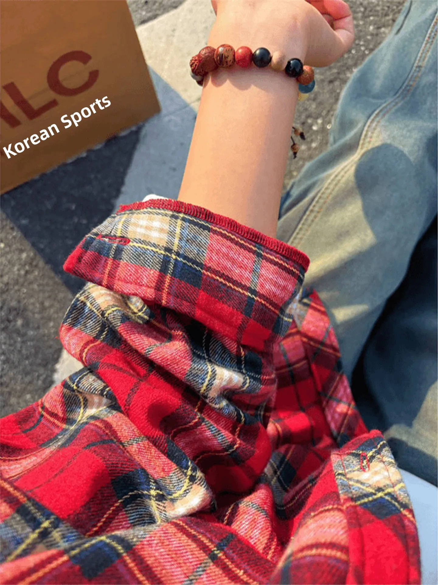 Red Plaid Fleece Shirt Loose Men's Vintage Lazy Style Spring Outerwear for Couples Breathable Long Sleeve Button up Casual Shirt