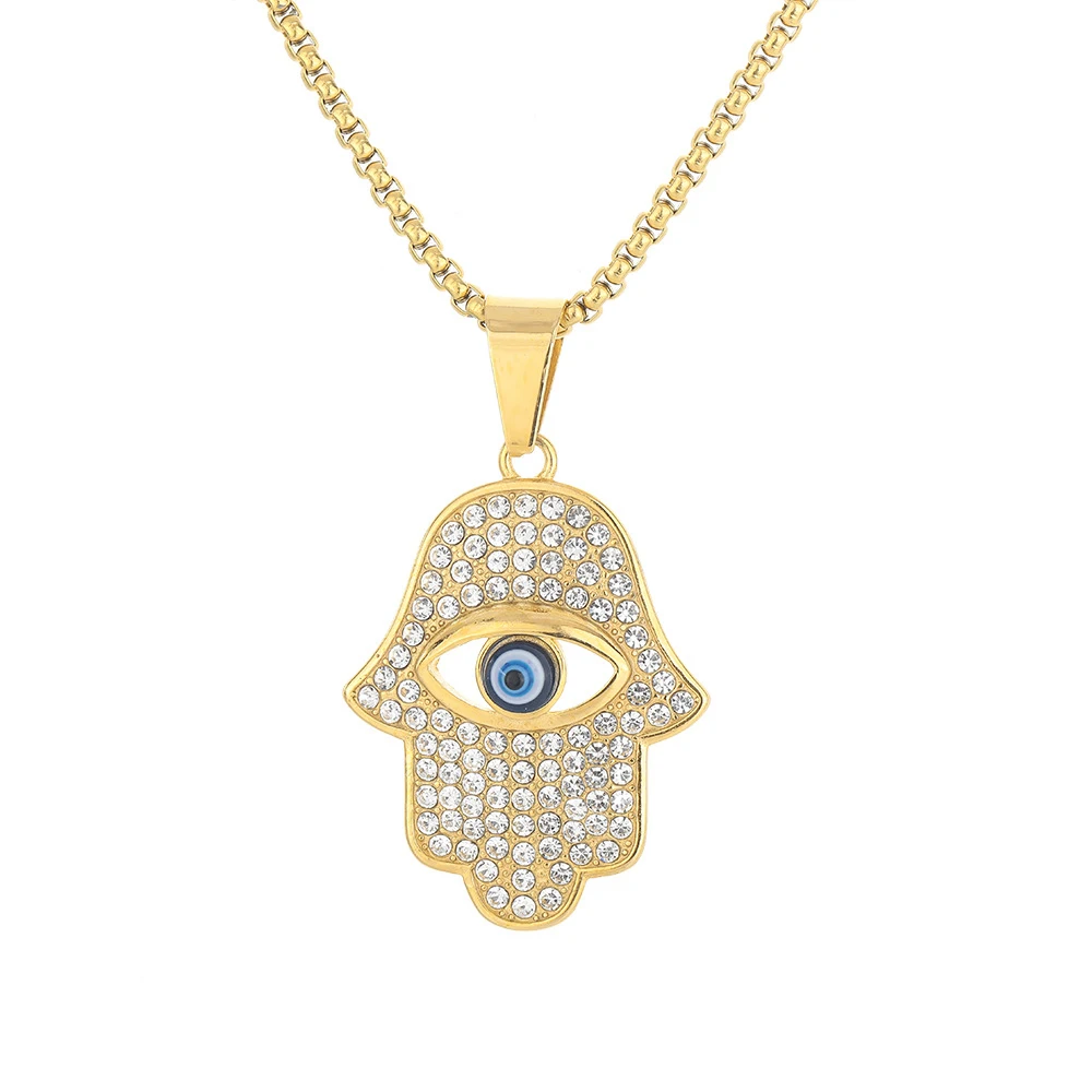

Hiphop Iced Out Hamsa Hand of Fatima Pendant Gold Color Stainless Steel Palm Evil Eye Amulet Necklace for Women Men Jewelry Gift