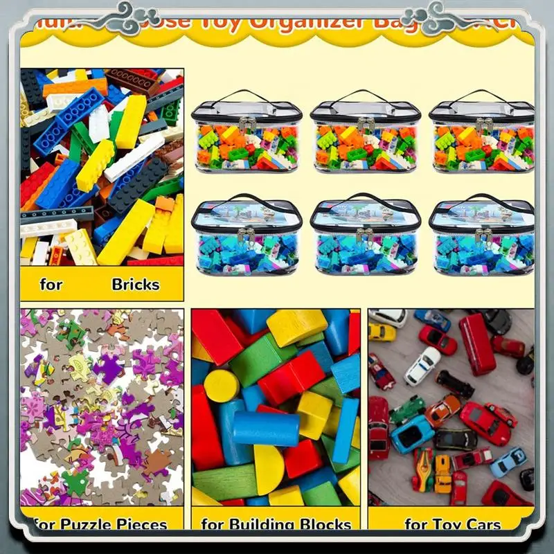 

Durable 6 Pack Clear Toy Storage Bag With Name Tag& Manual Pocket, Waterproof Transparent PVC Toy Organizer Case For Bricks