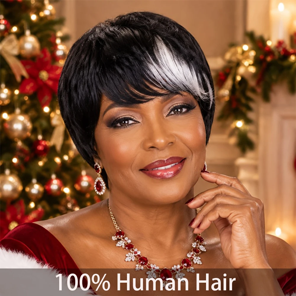 Pixie Cut Wig 100%Human Hair Wig Women's Short Hair Wig Straight Hair Wig with White Bangs  Fully  Machine   Made   Elastic Mesh Cap Suitable for Wearing