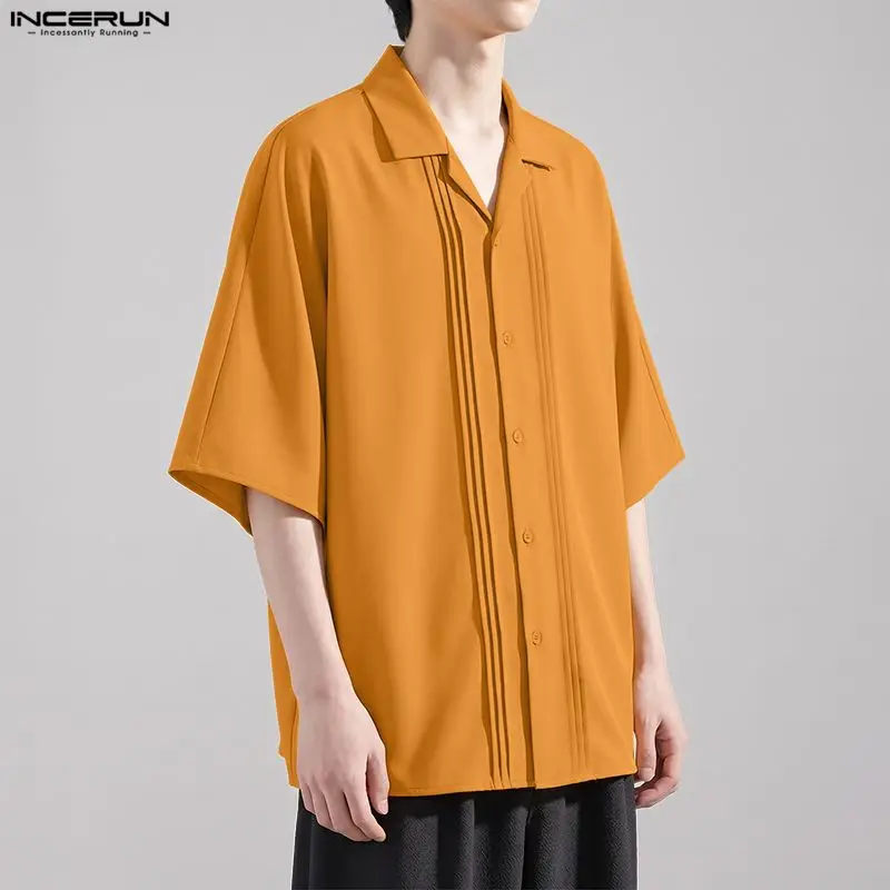 INCERUN Men's Shirt Solid Color Lapel 3/4 Sleeve Button Pleated Men Clothes Streetwear Loose 2026 Fashion Casual Tops For Man