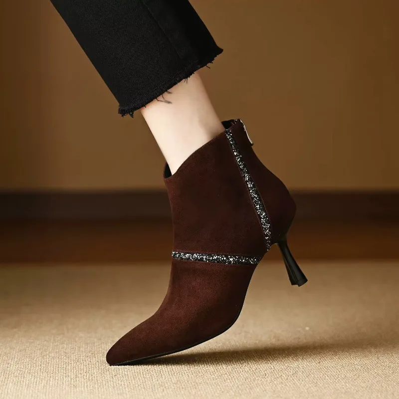 

Французские осенне-зимние новые кожаные ботильоны на высоком каблуке с острым носком, женские ботинки на шпильке