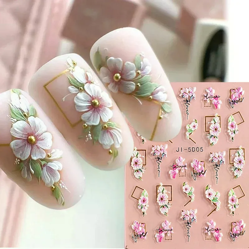 5D Nail Stickers Cherry Blossom Heart Shape Acrylic Embossed Slippers Gold Frame Nail Decals Manicure Decor