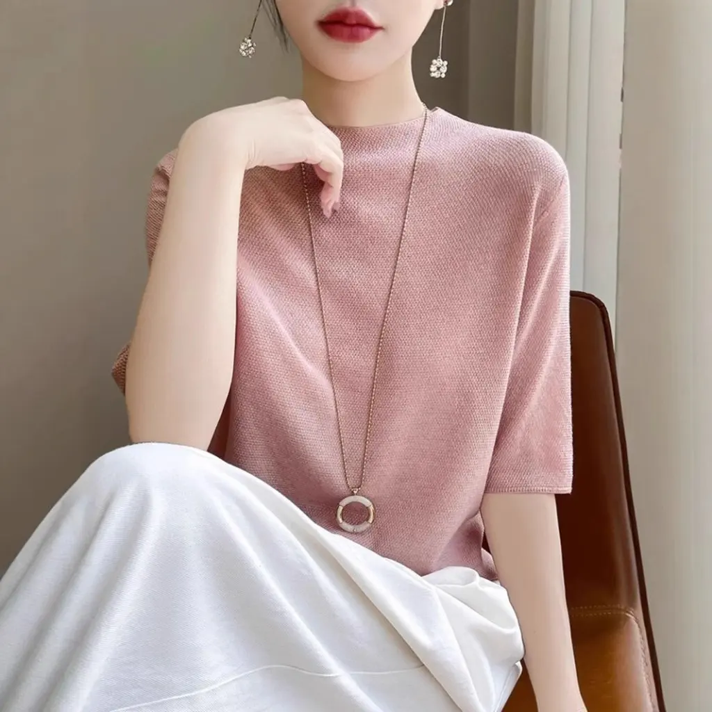 

Women's Half-High Collar Knitted Top Fashionable Thin Jacquard Solid Color T-Shirt Loose Base Summer Half Sleeve
