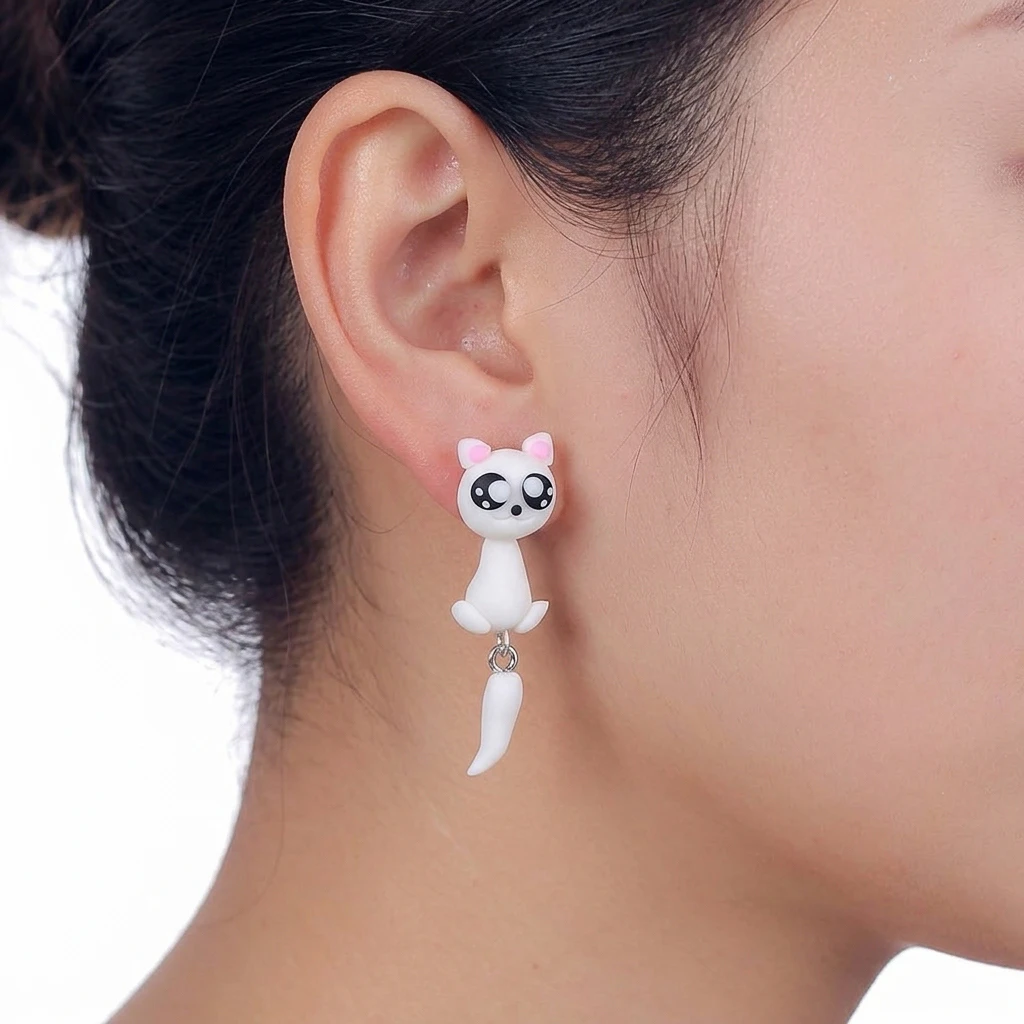 Handmade 3D White Cat Polymer Clay Stud Earrings For Women Kids Cute Kitten Front Back Ear Jackets Kawaii Pet Animal Earrings