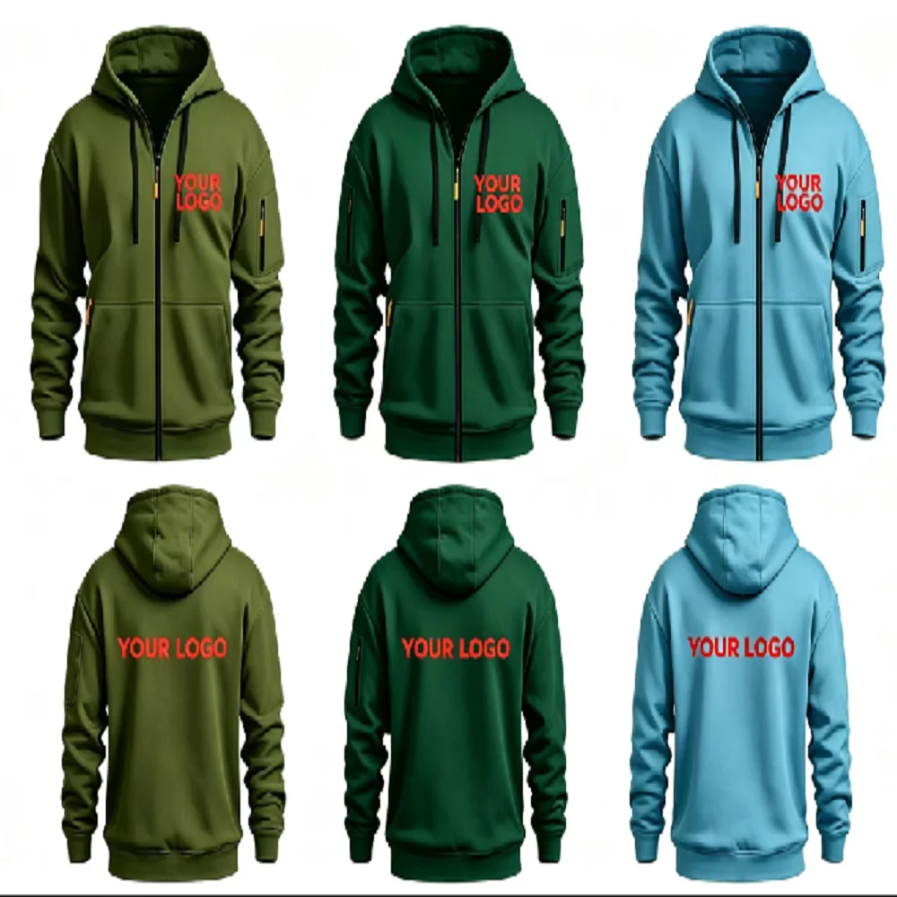 Customize Your Own Logo for Free, Men's New Casual Sports Hoodie, Full Zipper Pocket Sweatshirt, Fashion Arm Pocket, Outdoor Lon