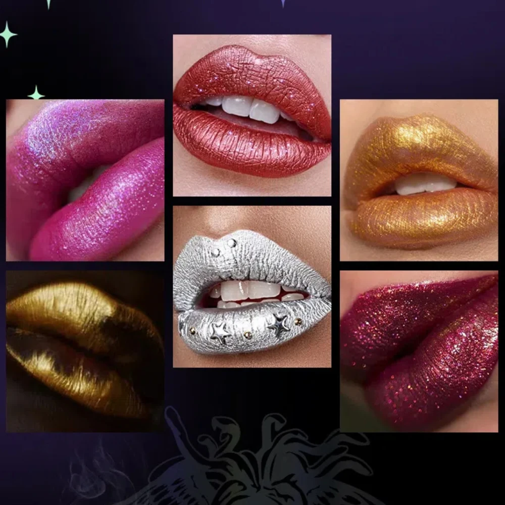 6 Colors Glitter Lipstick Waterproof Long Lasting Diamond Pearlescent Lipstick Black Lip Gloss Women Lips Makeup Cosmetic