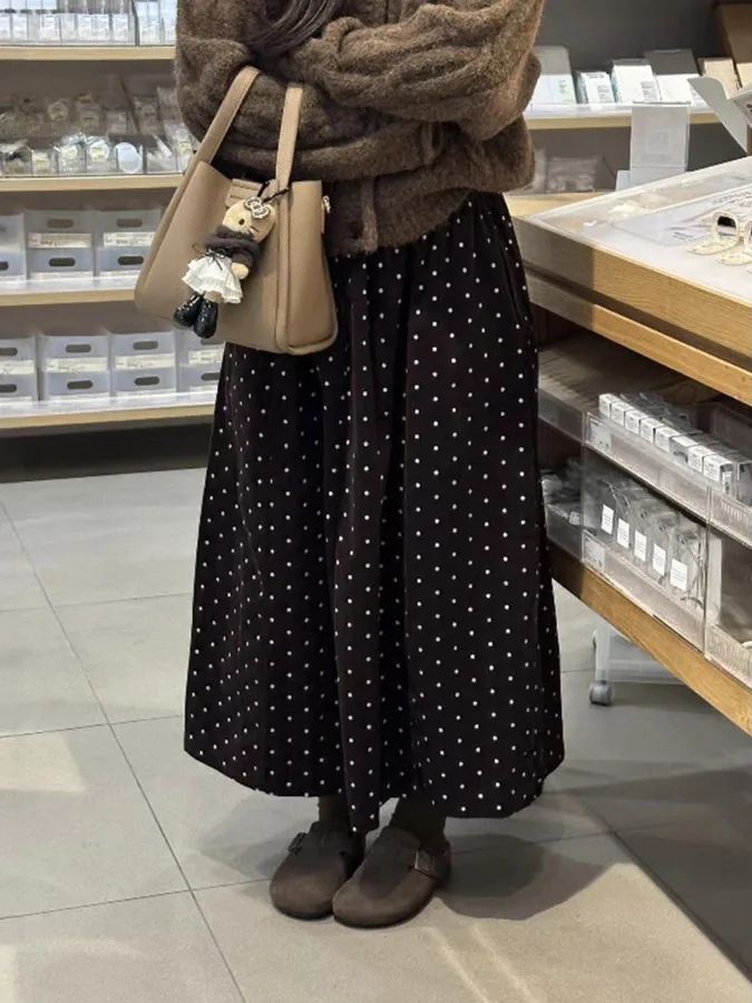 

Retro Corduroy Polka Dot Long High Waist A-Line Skirt plus Size Autumn Winter Women's Faion Slimming Base Layer Skirt