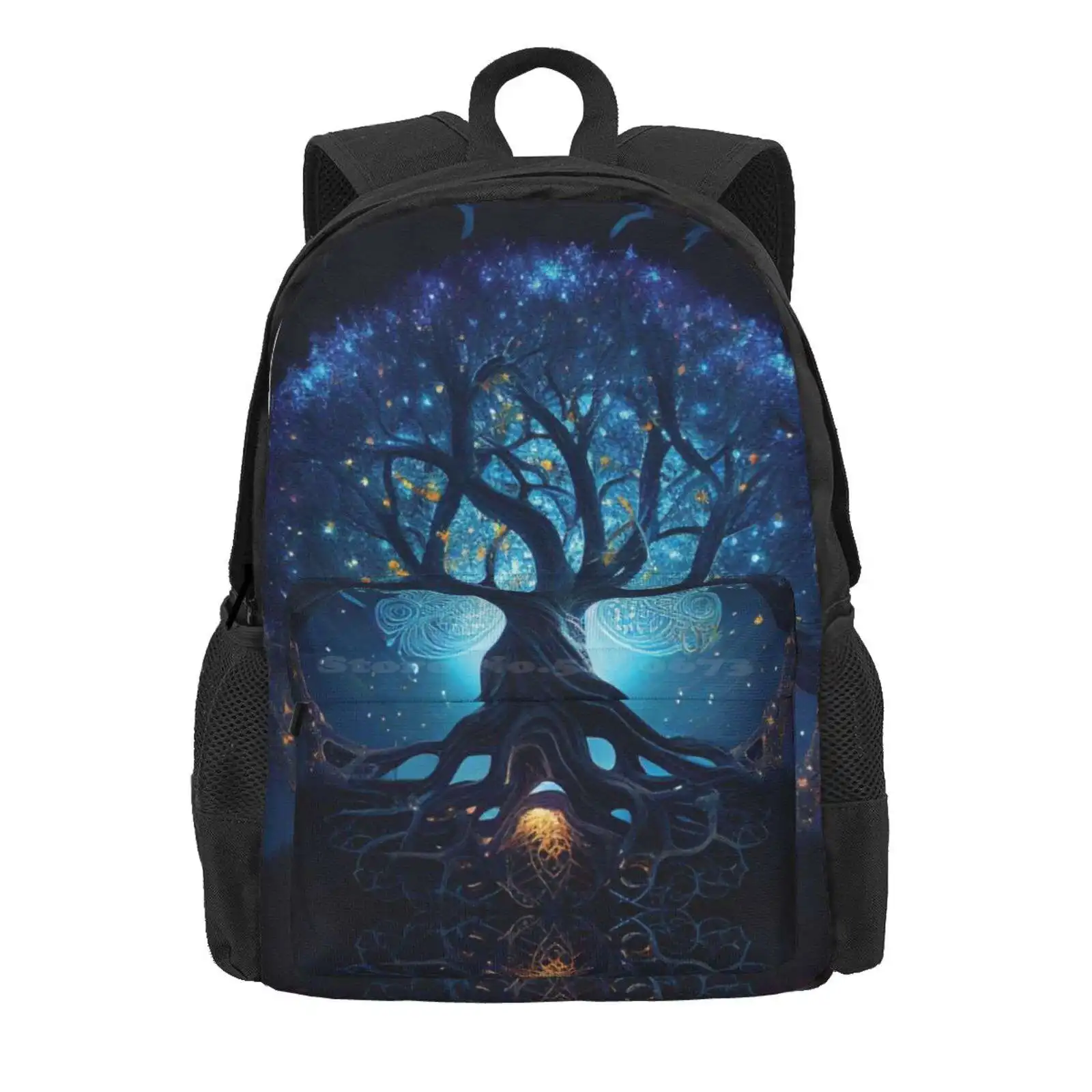 Mystical Tree Of Life Hot Sale Schoolbag Backpack Fashion Bags Tree Of Life Mystical Blue Leaf Golden Sparkles Midjourney