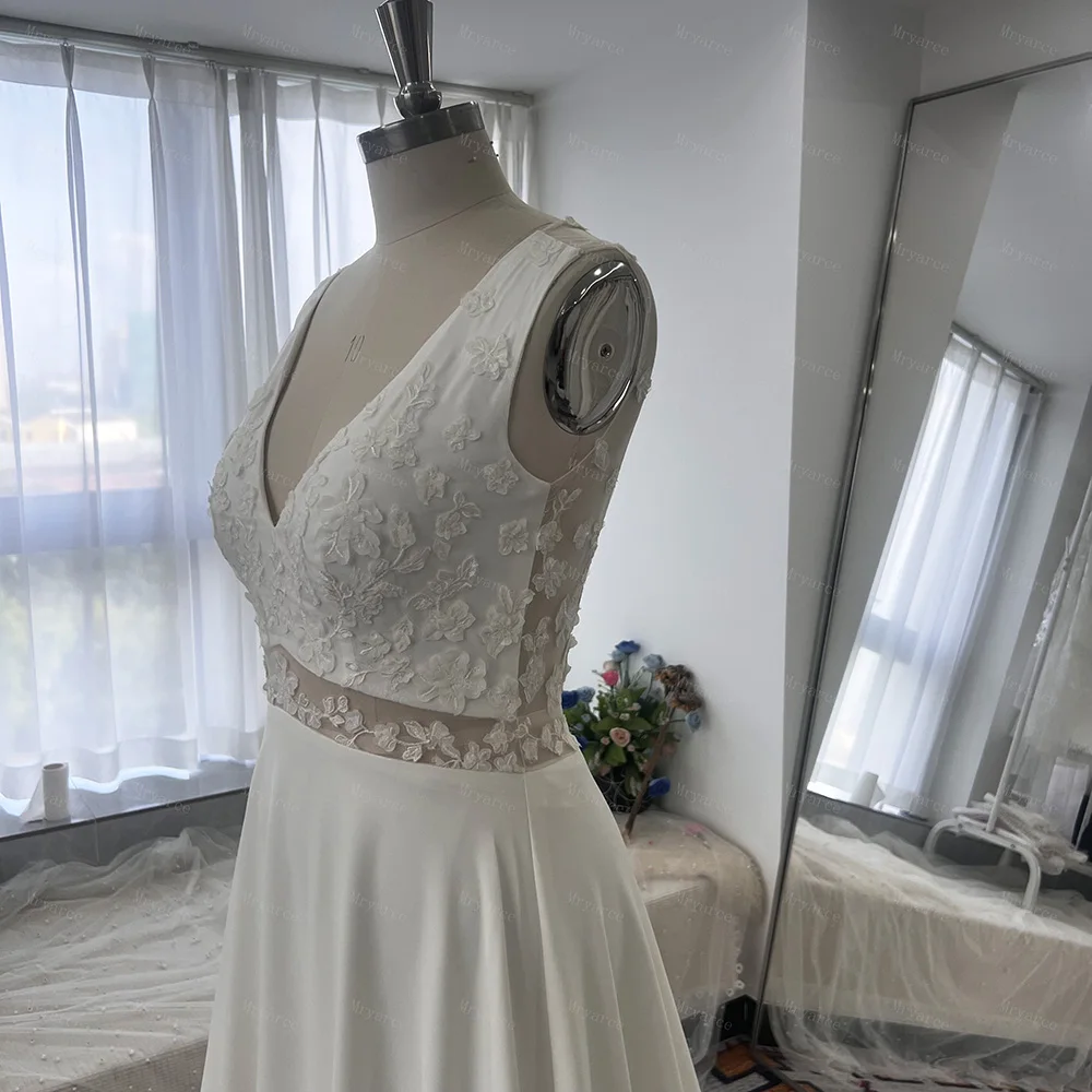 Mryarce Eleganz 3d Blumen v Hals eine Linie Seite Schlitz Brautkleider Brautkleider mit abnehmbaren Ärmeln – Detail 11
