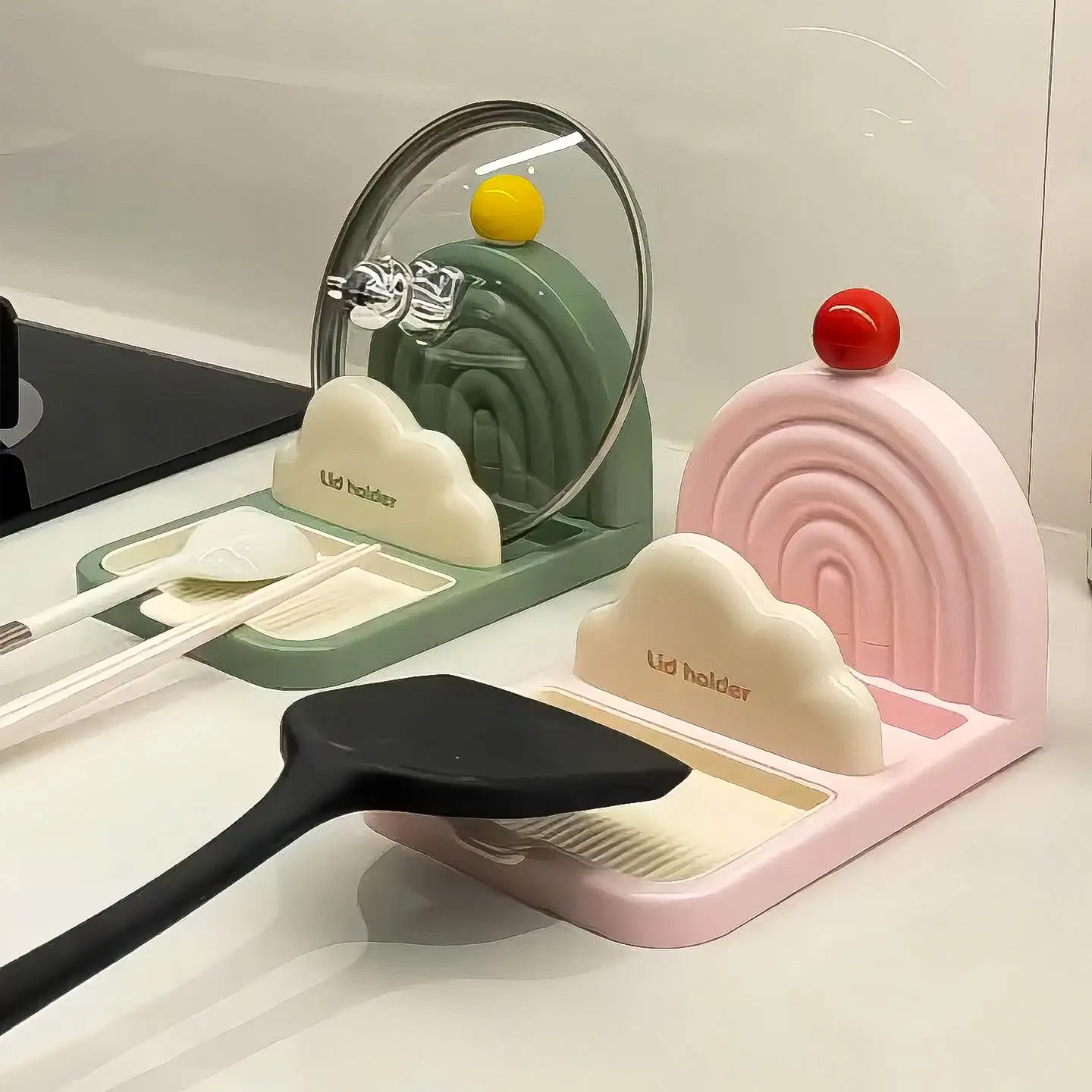 

Kitchen Countertop Multi-Function Pot Lid Holder Spatula Ra Storage Device Pot Cover Placement Stand Plastic Material