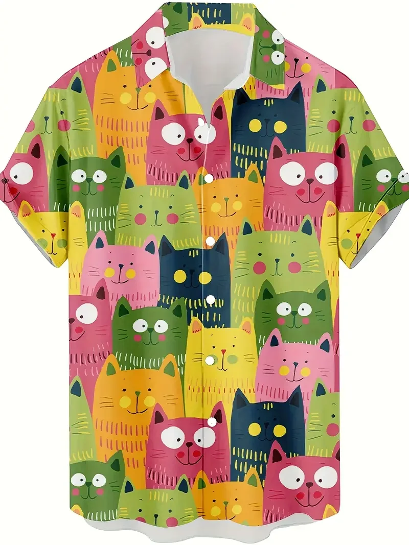 Camisas Unisex a la moda para hombre, ropa informal con estampado de gato bonito para uso diario, camisa de manga corta con estampado 3D, camisas hawaianas para hombre, Top Harajuku 2025