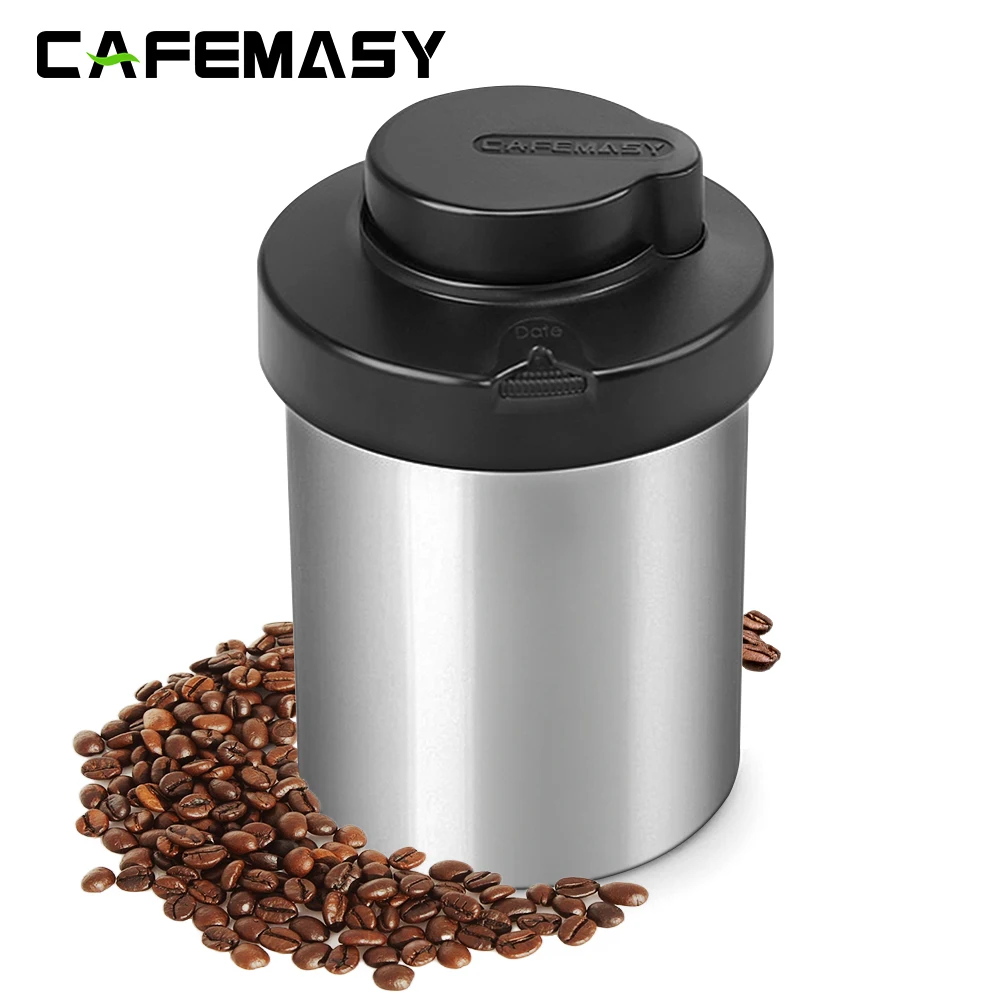 CAFEMASY Coffee Canister, One-Piece Press Vacuum Sealed Storage Container, Airtight Stainless Steel Kitchen Food Jar with Dat