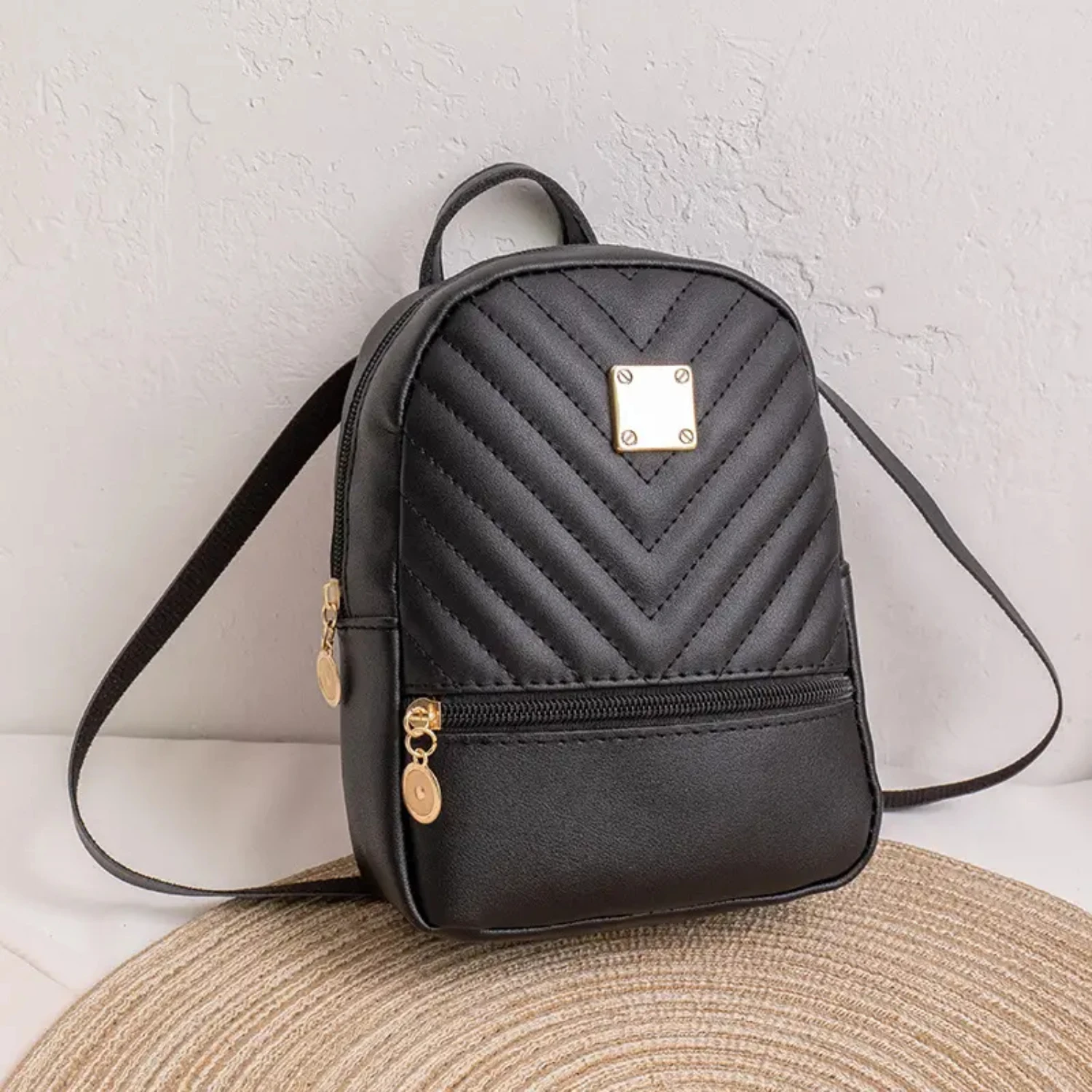 

Compact Stylish and Versatile Black Faux Leather Zip Front Backpack for Work and School with Metal Decor - 7.87*6.3*2.76 Inch Di