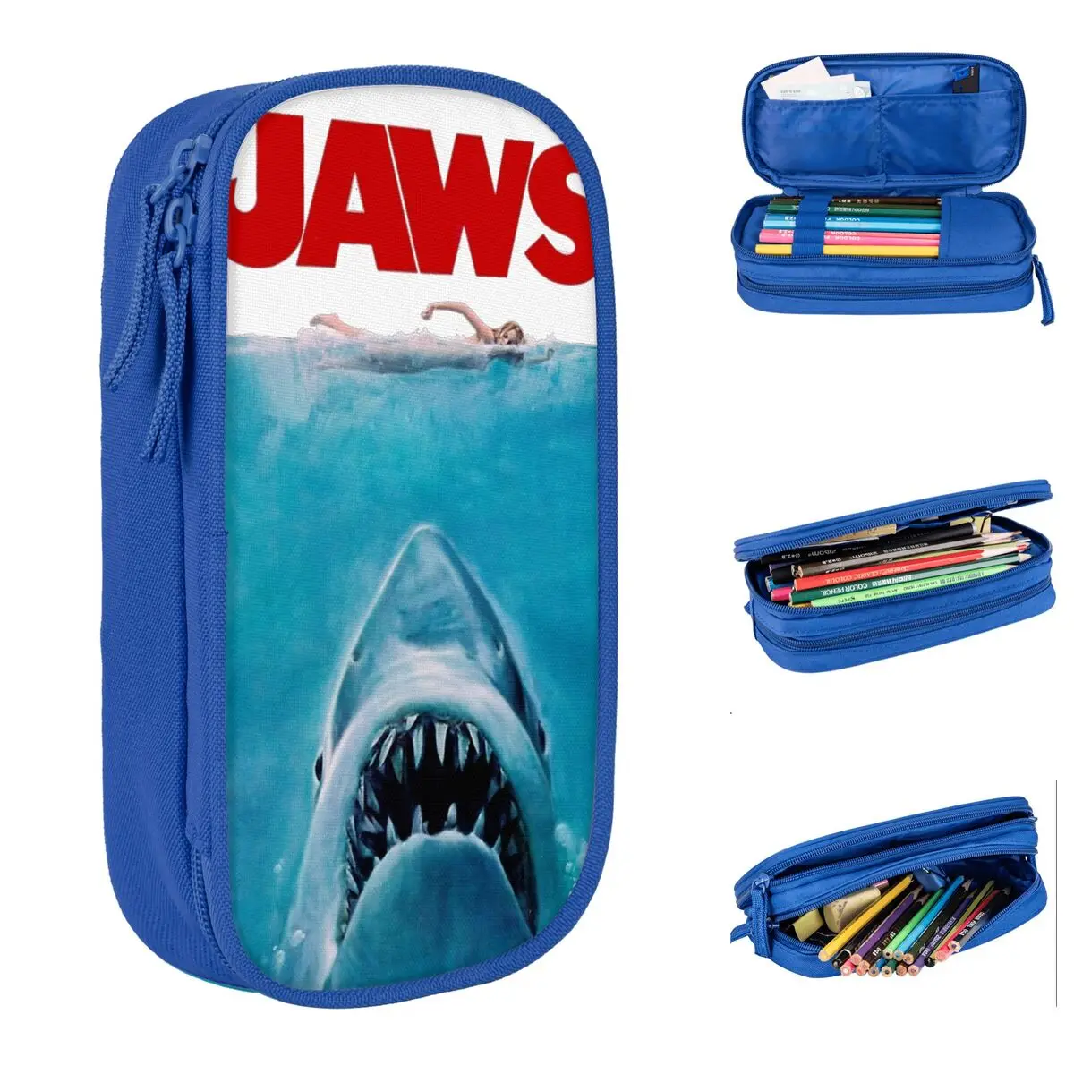 

Cool Pencil Case Jaws 50th Anniversary Logo Pencil Pouch School Pencil Cases Boy Girl Double Layer Pattern Stationery Organizer