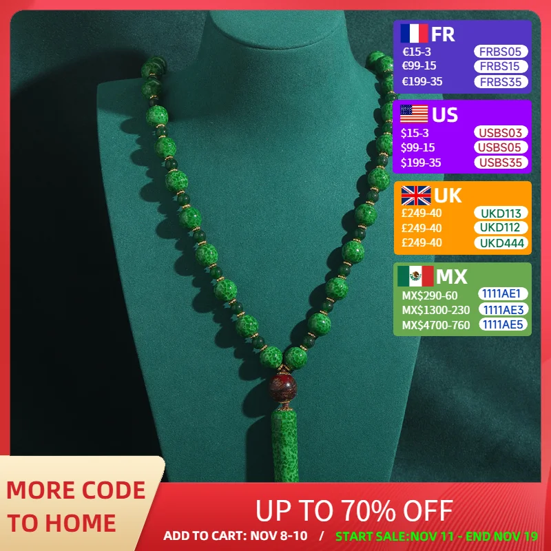 

Vintage Emerald Green Long Pendant Beads Jewelry Natural Stone Antique Necklaces Chain Luxury Accessories For Women Gift For Mum