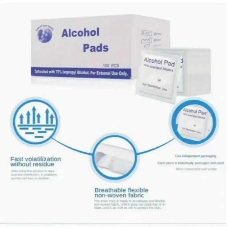 مسحة كحول 75% يمكن التخلص منها لتطهير الجروح، لوازم صندوق الإسعافات الأولية الأساسية لتحضير الكوارث المنزلية.