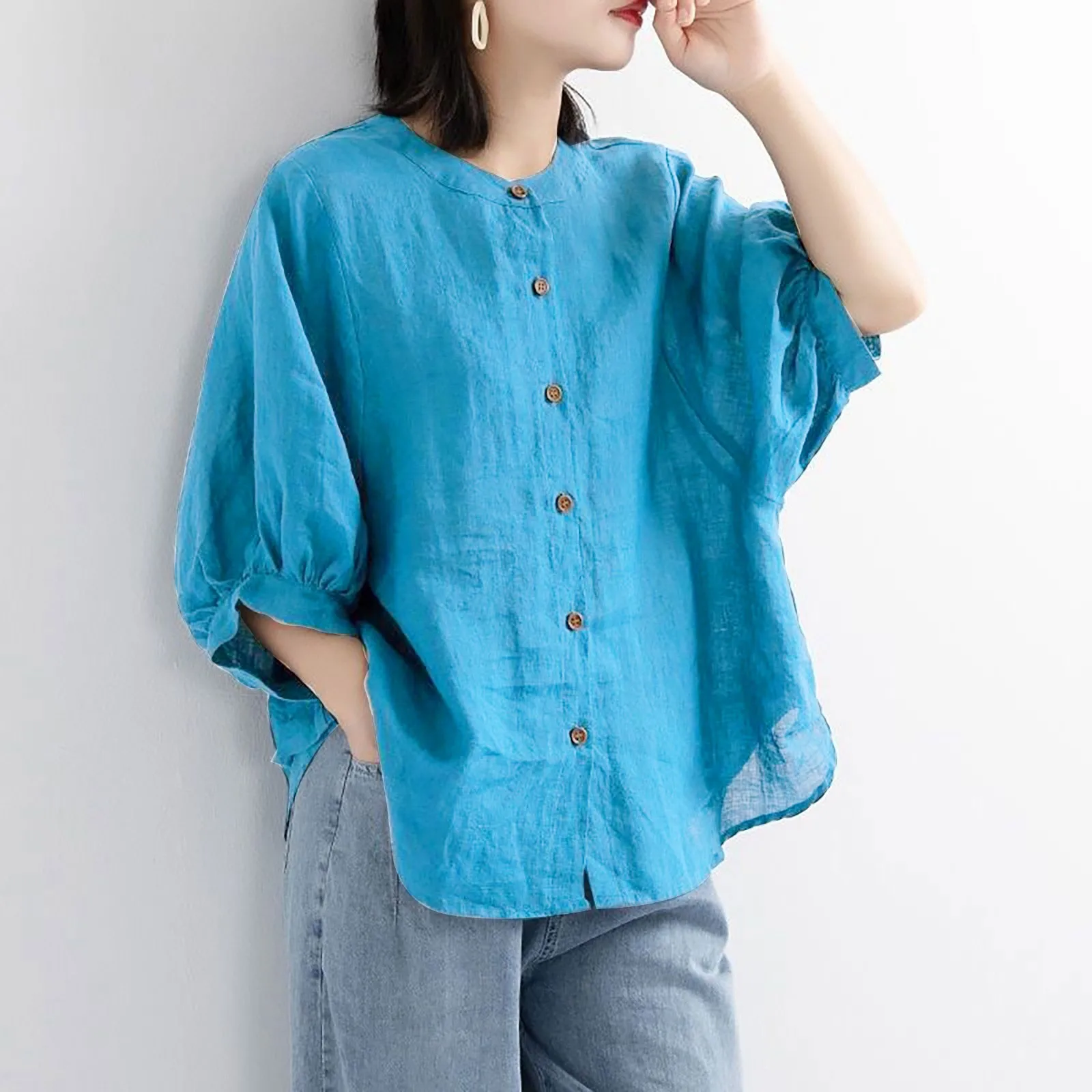 shirts & blouses Women Casual Spring Summer Solid Color Vintage Button Cotton Linen Shirt Long Sleeve Youthful woman clothes