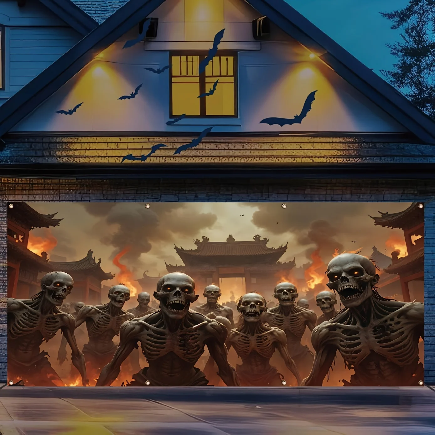 Halloween-Garagenbanner – Kriegstor und Totenkopf aus Polyester, lebendige Außendekoration für Outdoor-Festivals und Fotokabinen-Requisiten