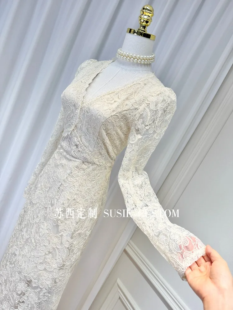 Abito da sera aderente aderente a maniche lunghe in patchwork di pizzo con temperamento elegante stile francese Abito da sera aderente aderente a vita alta Donna Autunno