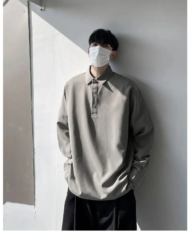 

TRSYPHXM 2025 new Japanese long sleeved polo shirt for boys in winter 2024, couple's lapel base shirt, retro solid color