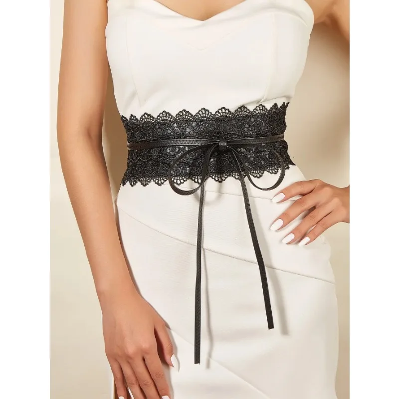 

Guipure Lace Panel Belt Women Bow Lace Belt Corset Wide Belts for Women Female Self Tie Obi Cinch Waistband Wedding Dress Waist